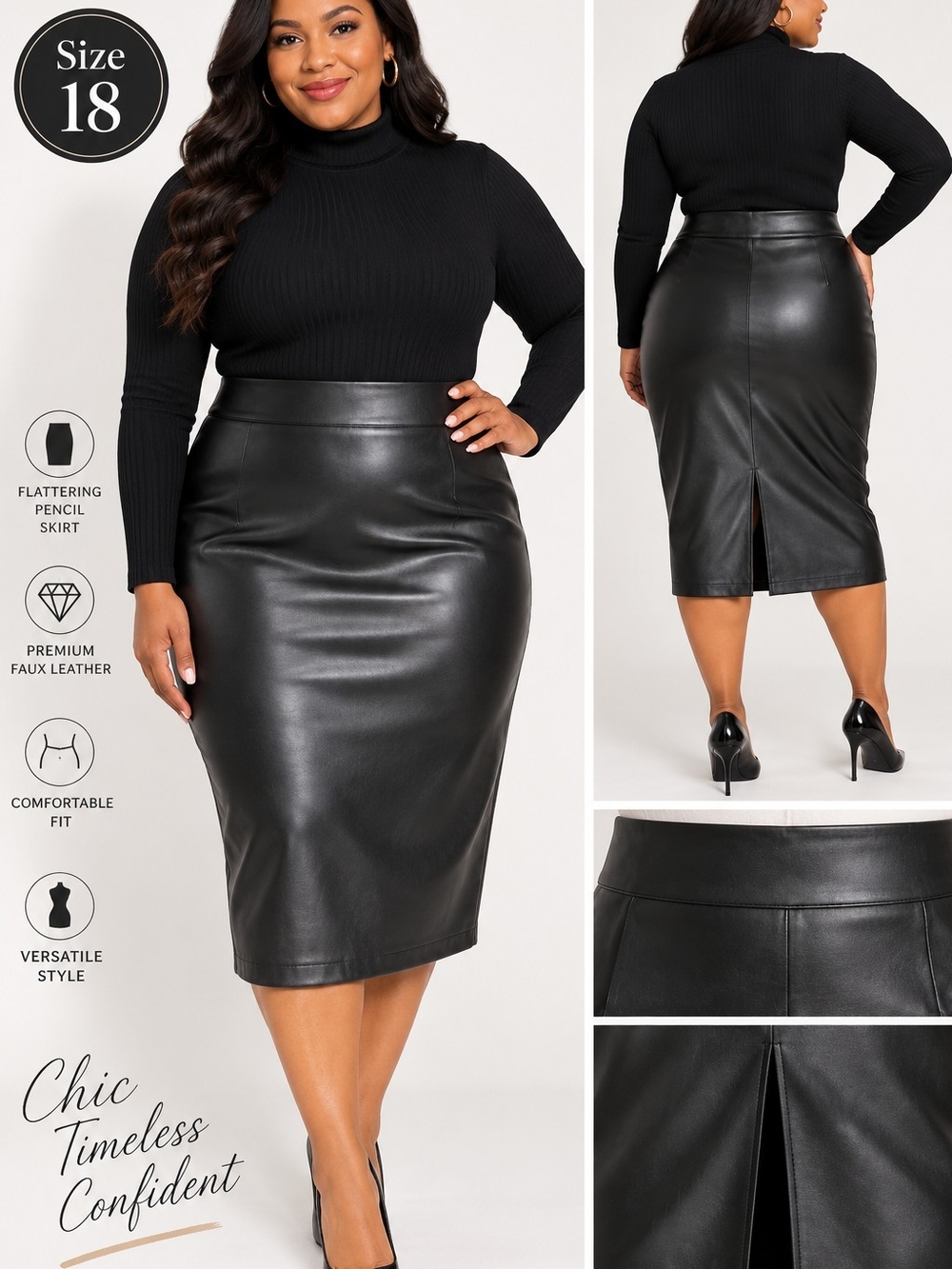 Ashley Stewart Black Faux Leather Midi Pencil Skirt